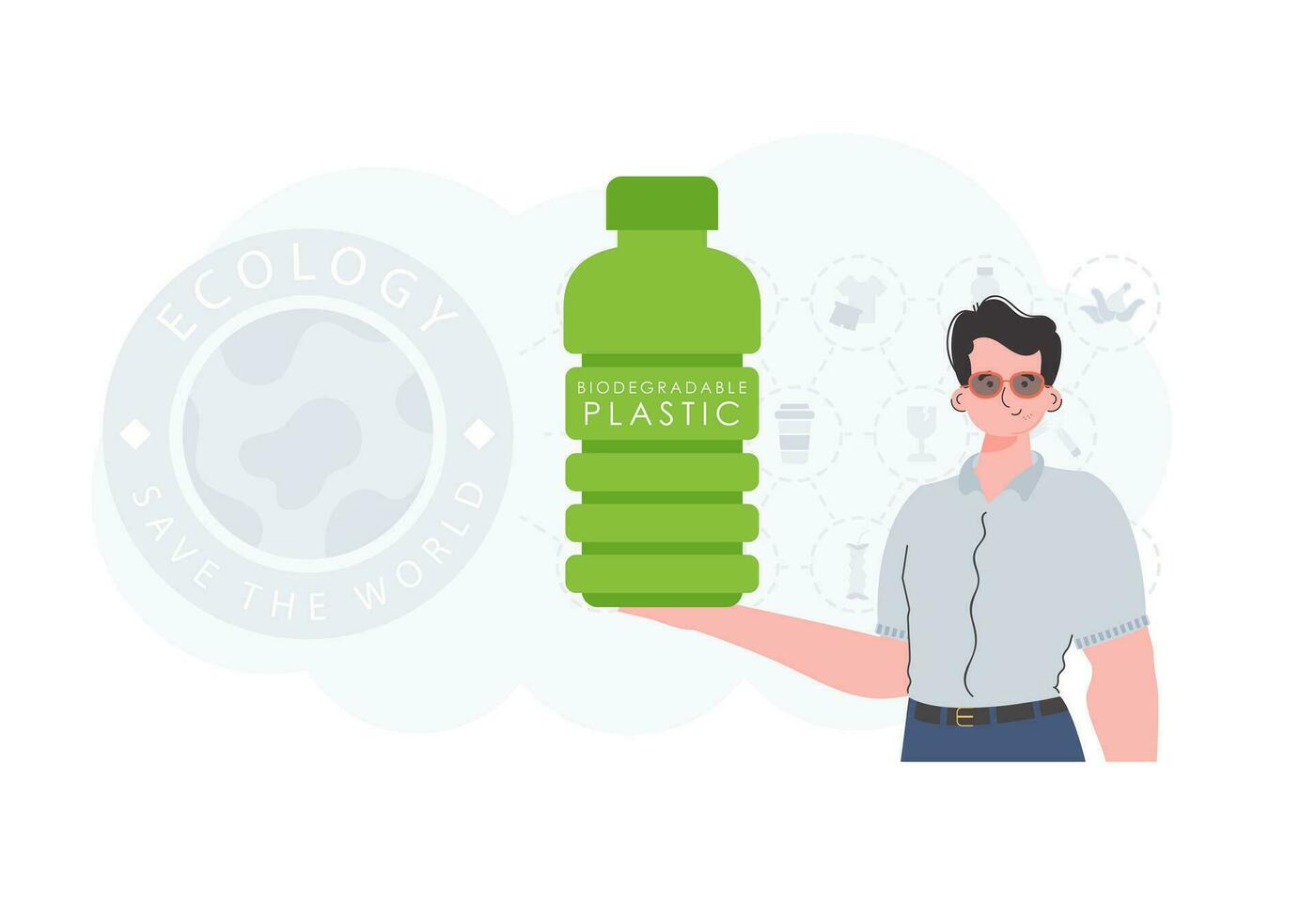 concept van groen wereld en ecologie. een Mens houdt een fles gemaakt van biologisch afbreekbaar plastic in zijn handen. neiging stijl.vector illustratie. vector