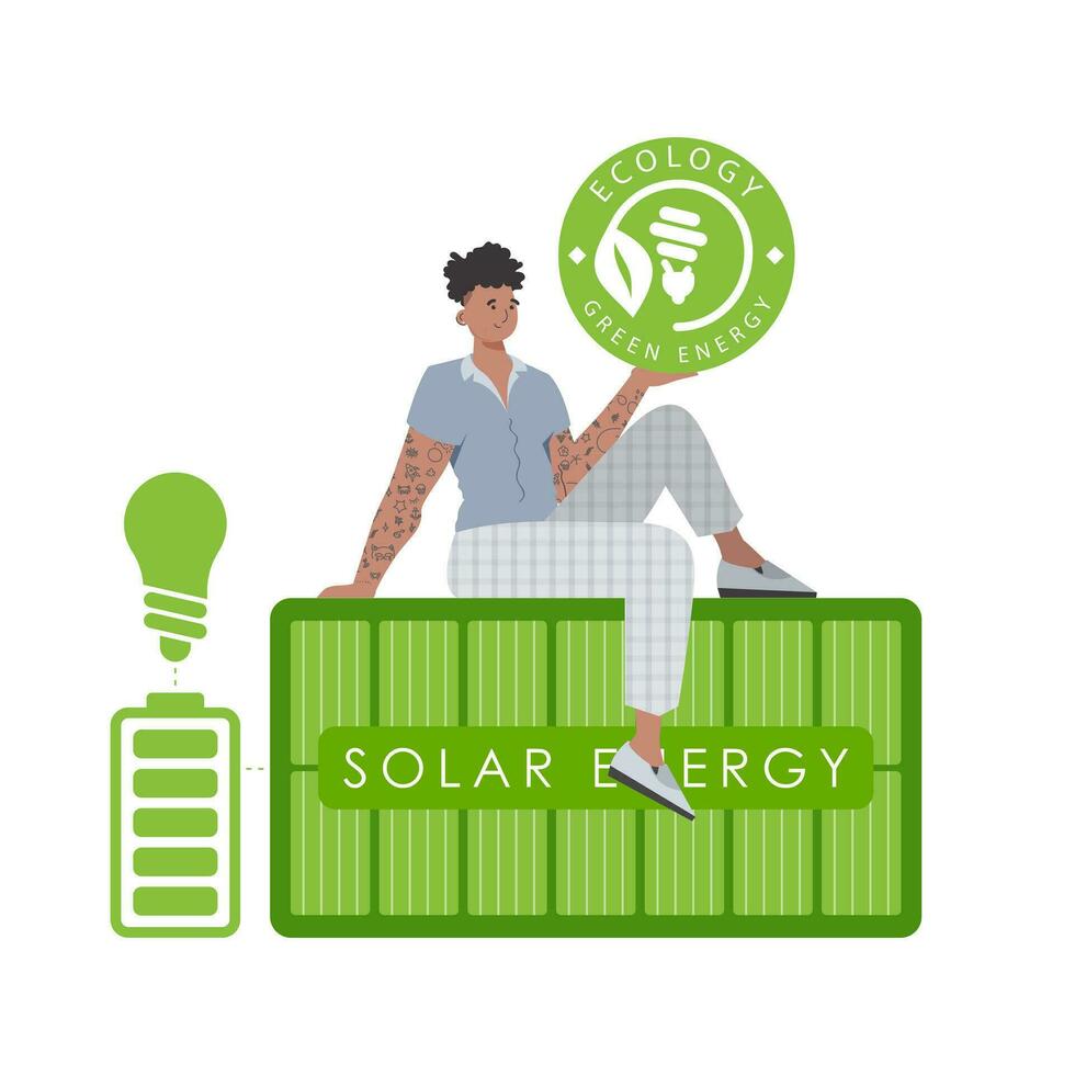 een Mens zit Aan een zonne- paneel en houdt de eco logo in zijn handen. de concept van groen energie en ecologie. geïsoleerd Aan wit achtergrond. in de mode, modieus stijl. vector. vector