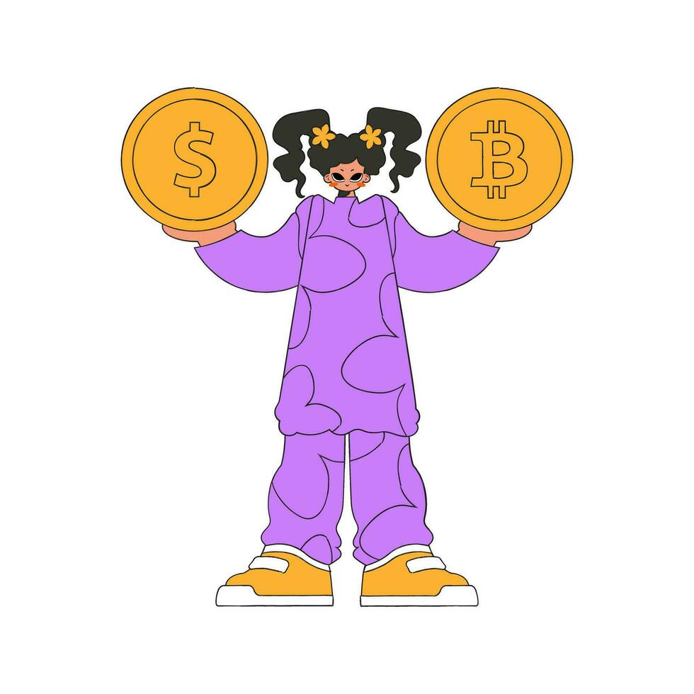 meisje is Holding bitcoin en dollar. karakter modieus retro stijl. vector