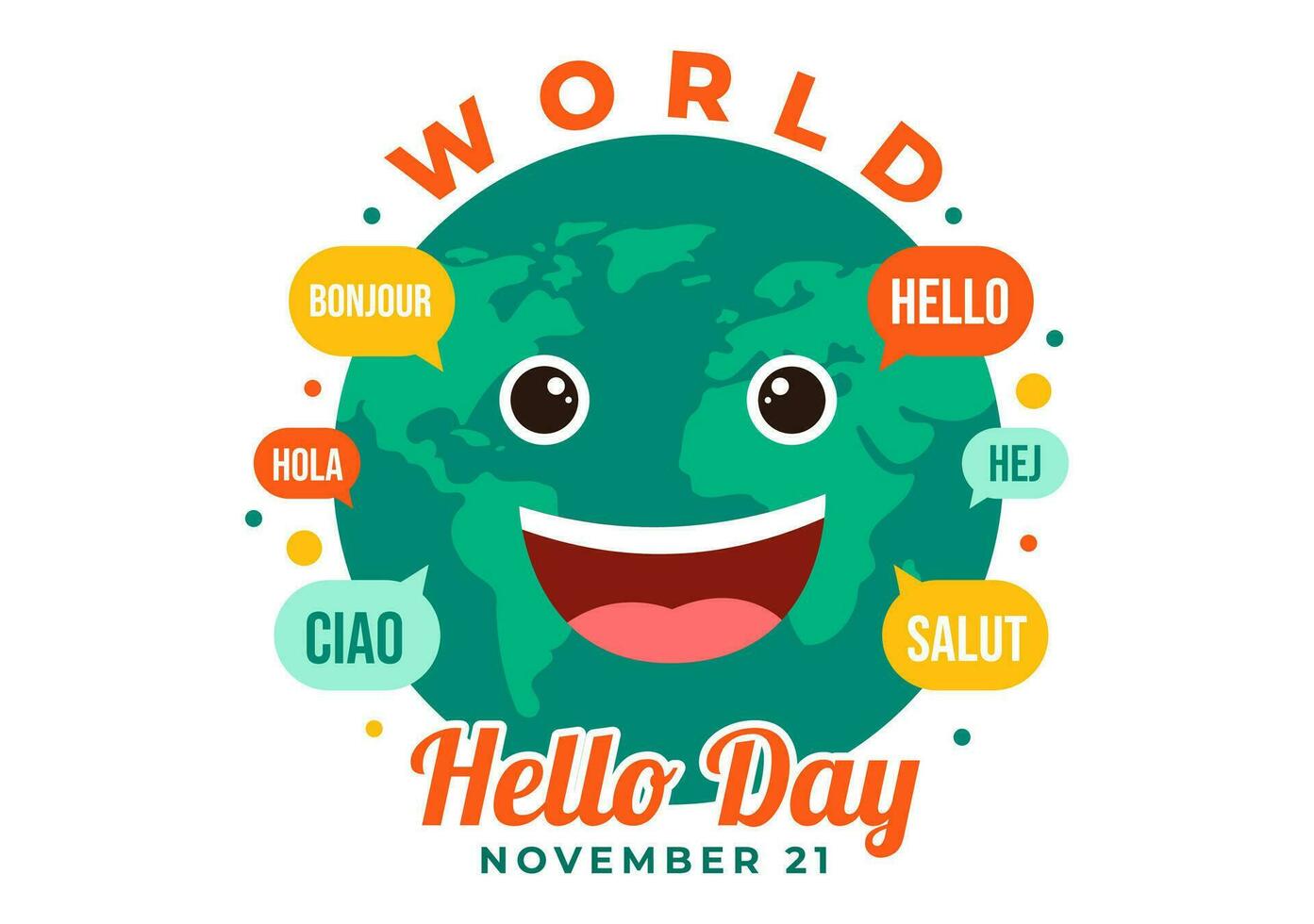 wereld Hallo dag vector illustratie Aan november 21 van toespraak bubbels met verschillend talen van allemaal over- de land in vlak tekenfilm achtergrond