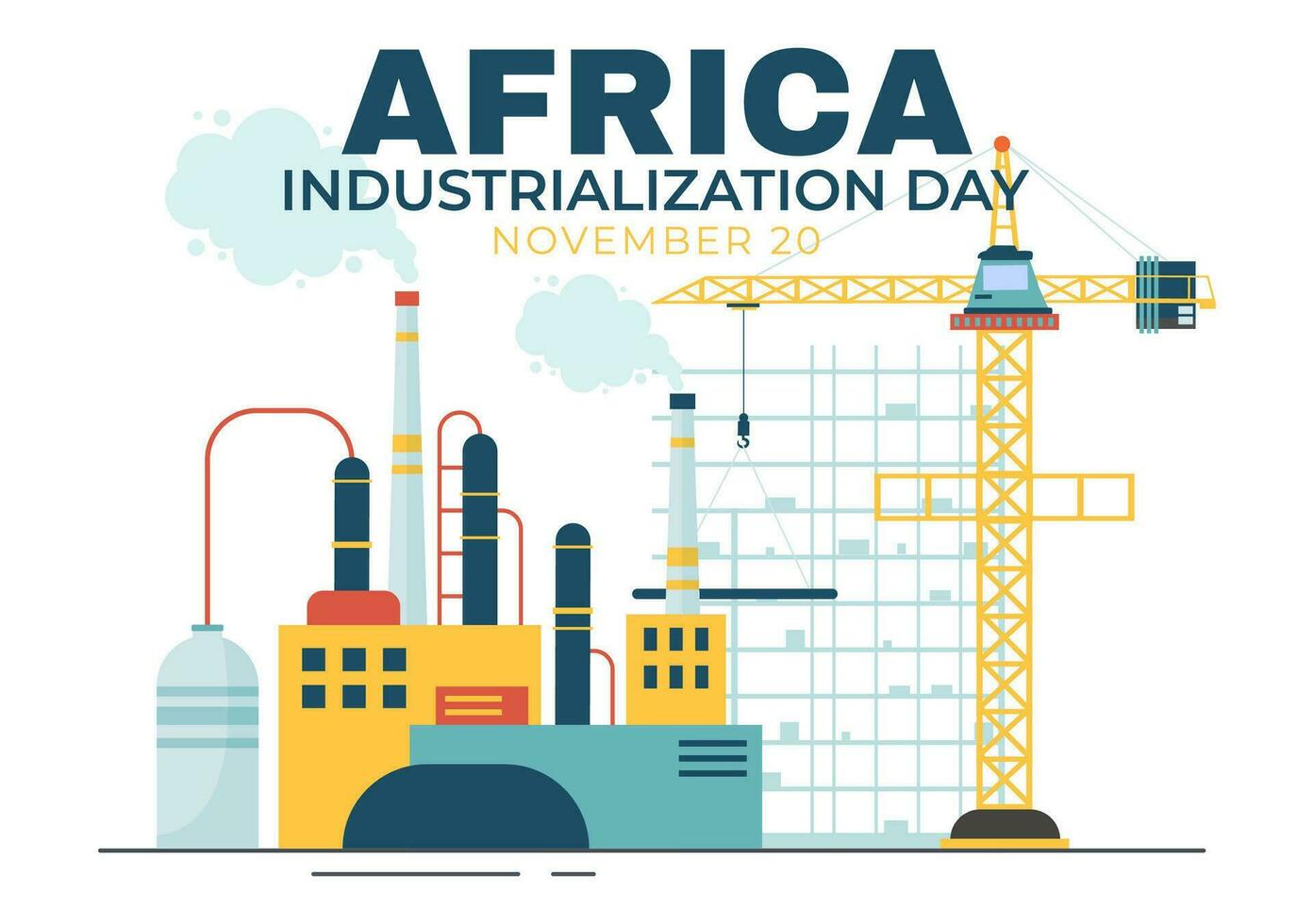 Afrikaanse industrialisatie dag vector illustratie van fabriek gebouw in werking met schoorstenen in de centrum van de stad in vlak tekenfilm achtergrond