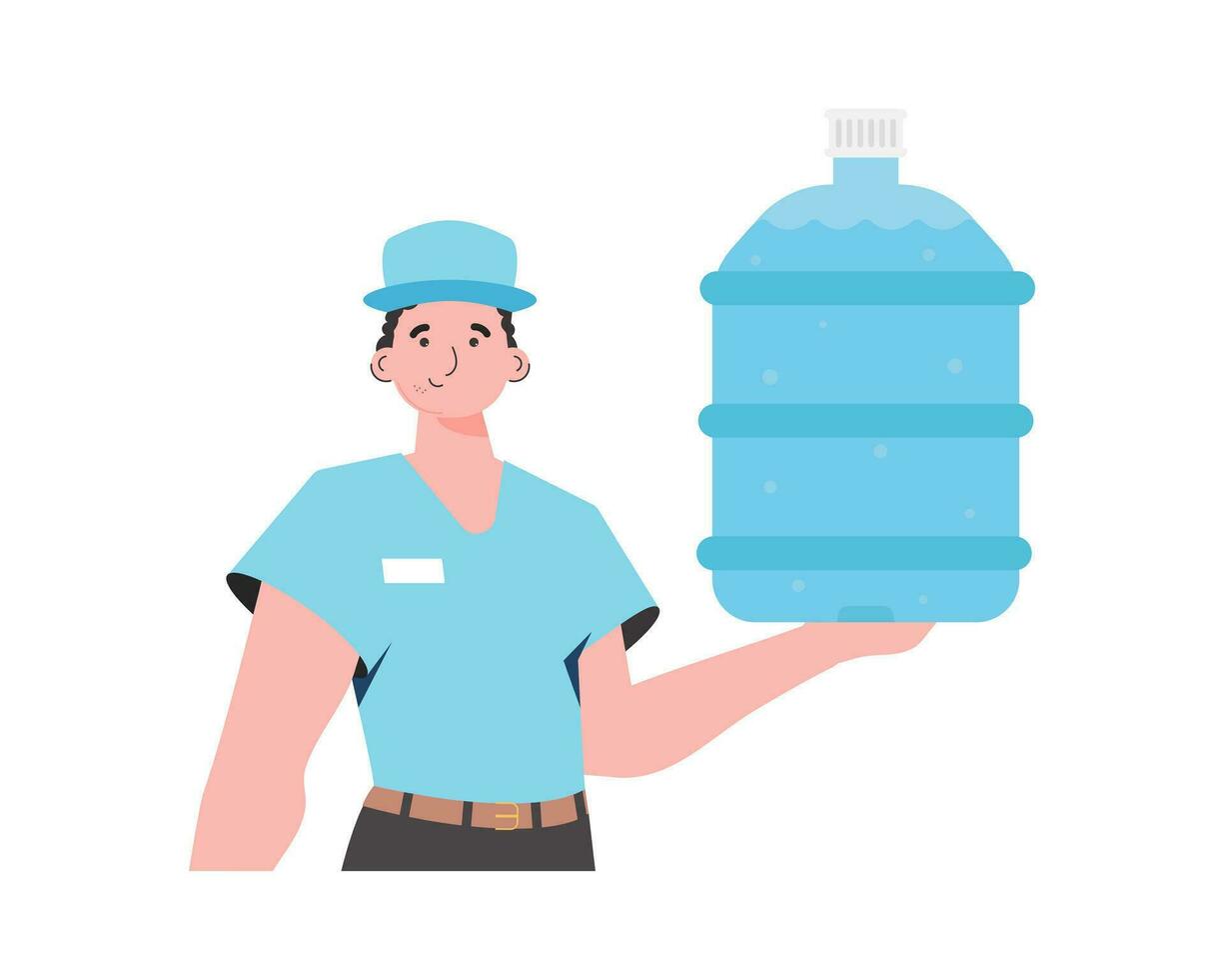 een Mens is Holding een fles van water. levering concept. de modieus karakter is getoond naar de taille. geïsoleerd Aan wit achtergrond. vector. vector