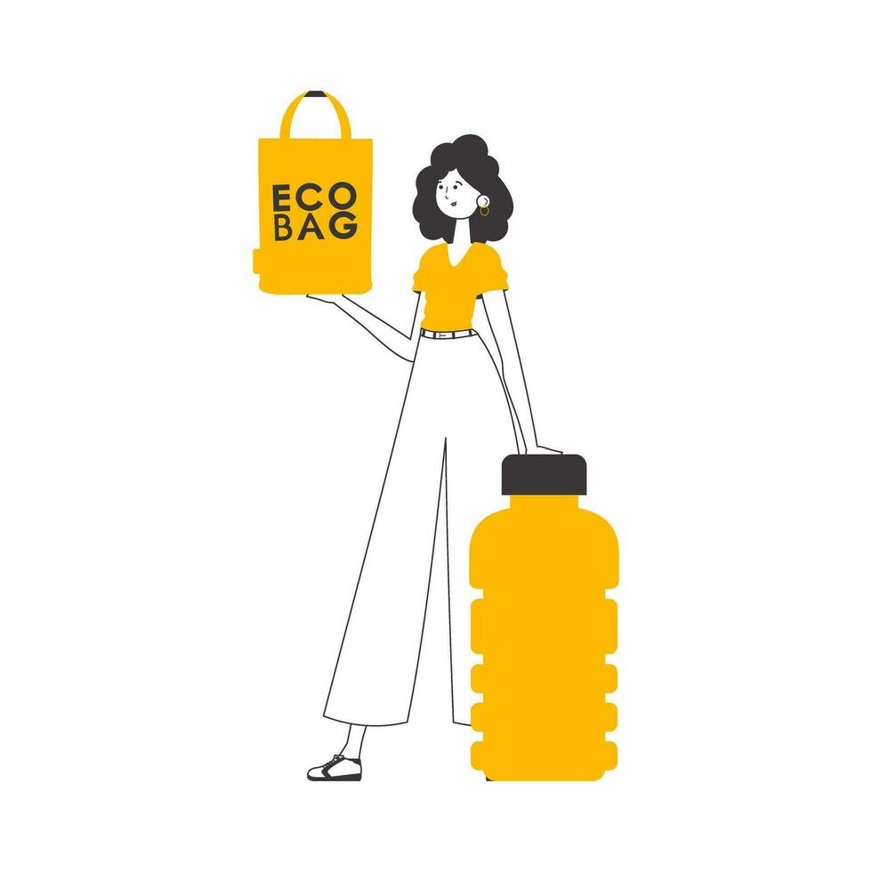 een vrouw houdt een eco-pakket in haar handen. de concept van ecologisch Tassen en plastic. lineair modern stijl. geïsoleerd Aan wit achtergrond. vector illustratie.