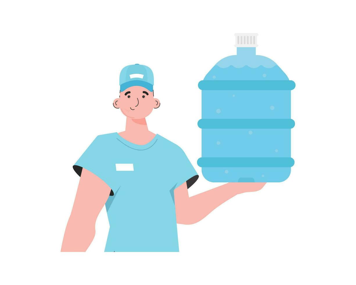 een Mens is Holding een fles van water. levering concept. de karakter is afgebeeld naar de taille. geïsoleerd. vector illustratie.