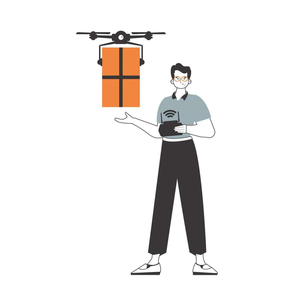 een Mens levert een pakket door drone. de concept van lading levering door lucht. lineair modern stijl. geïsoleerd Aan wit achtergrond. vector illustratie.