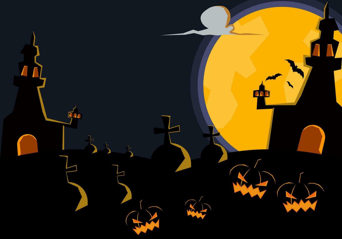 halloween achtergrond. achtervolgd kasteel tussen begraafplaatsen Aan een vol maan nacht. Daar is een kopiëren ruimte voor insert brieven. vector illustratie.