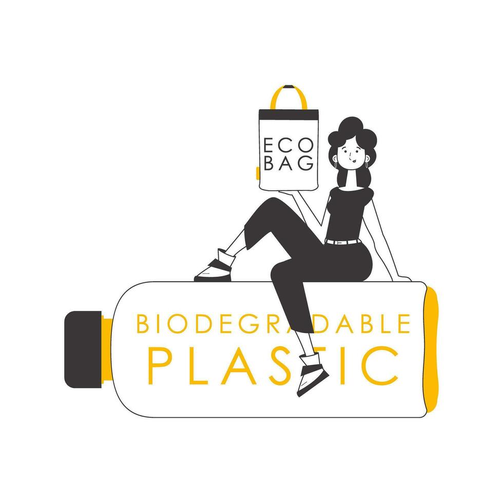 de meisje is Holding een eco-pakket in haar handen. de concept van ecologisch Tassen en plastic. lineair modieus stijl. geïsoleerd Aan wit achtergrond. vector illustratie.