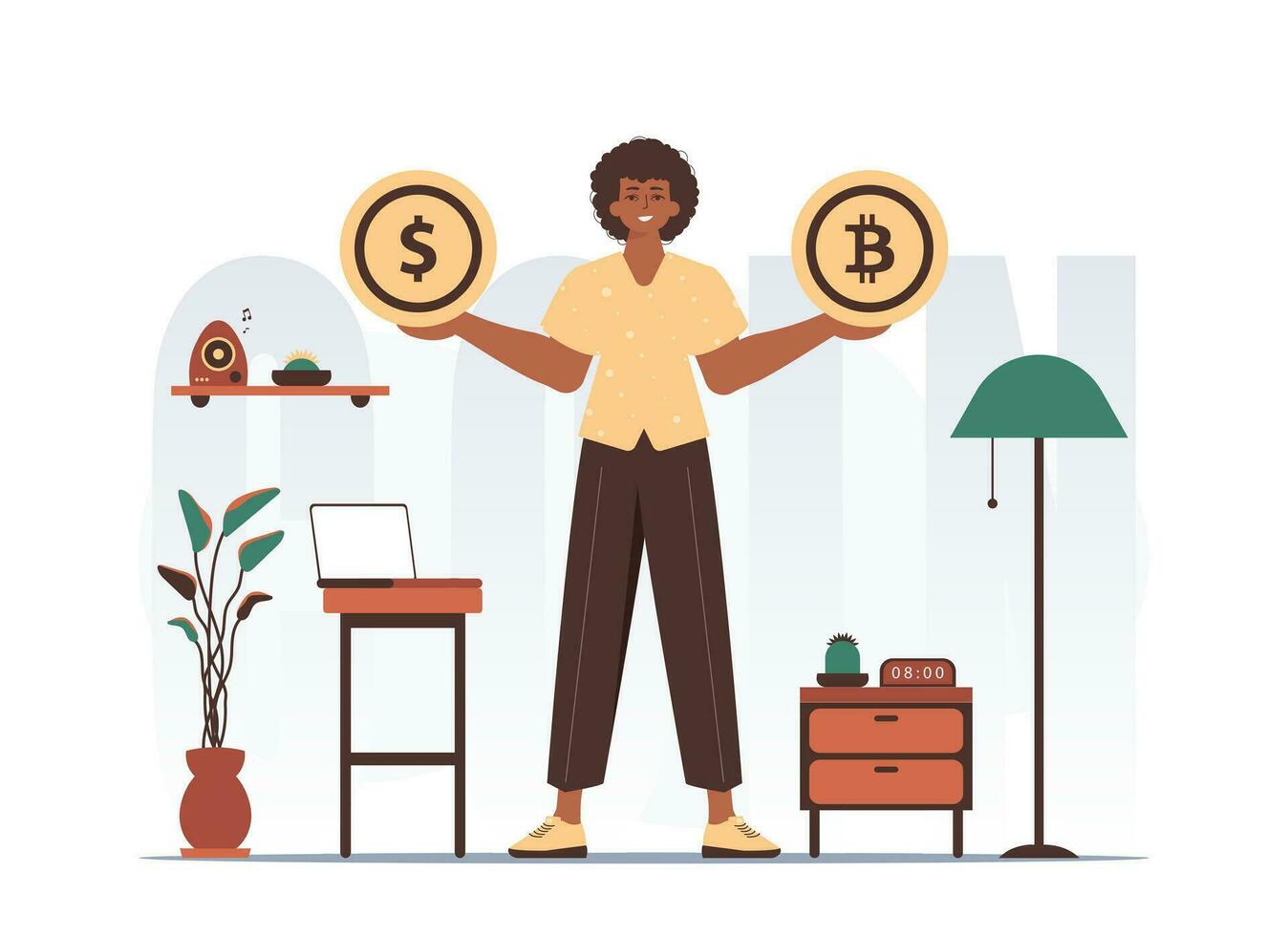 cryptogeld concept. een Mens houdt een bitcoin en een dollar in zijn handen. karakter in modern modieus stijl. vector