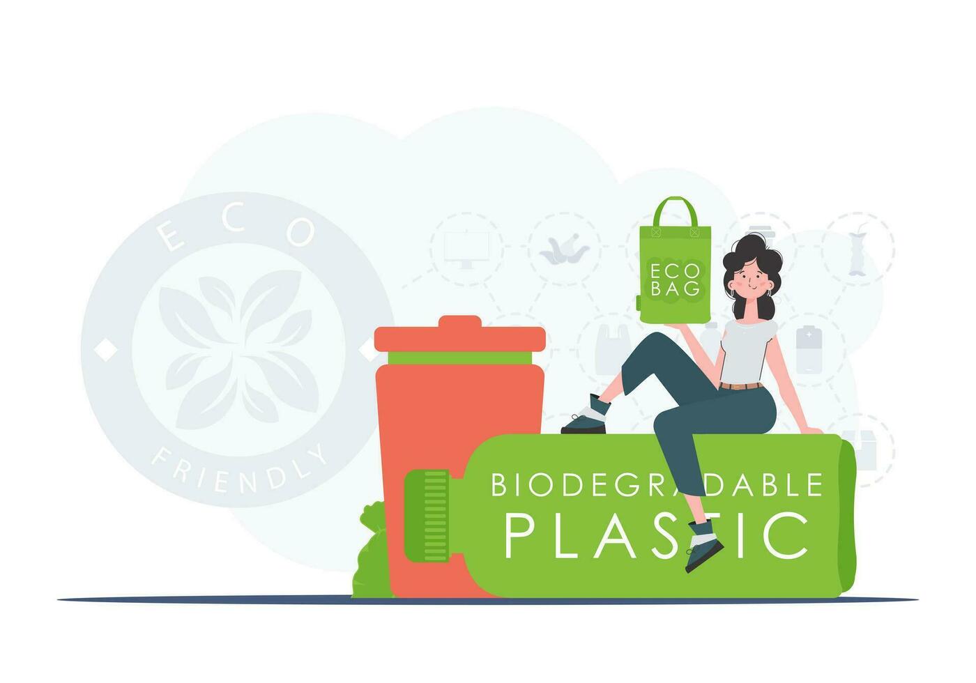 concept van groen wereld en ecologie. een vrouw zit Aan een fles gemaakt van biologisch afbreekbaar plastic en houdt een eco zak in haar handen. neiging stijl.vector illustratie. vector