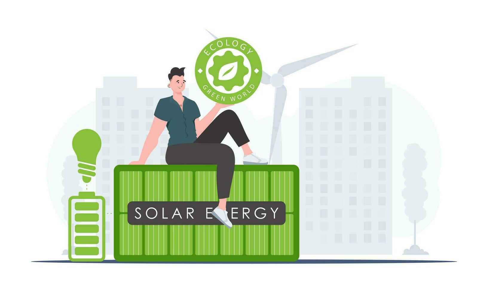 de concept van groen energie en ecologie. de vent zit Aan de zonne- paneel en houdt de eco logo in zijn handen. modieus stijl. vector illustratie.