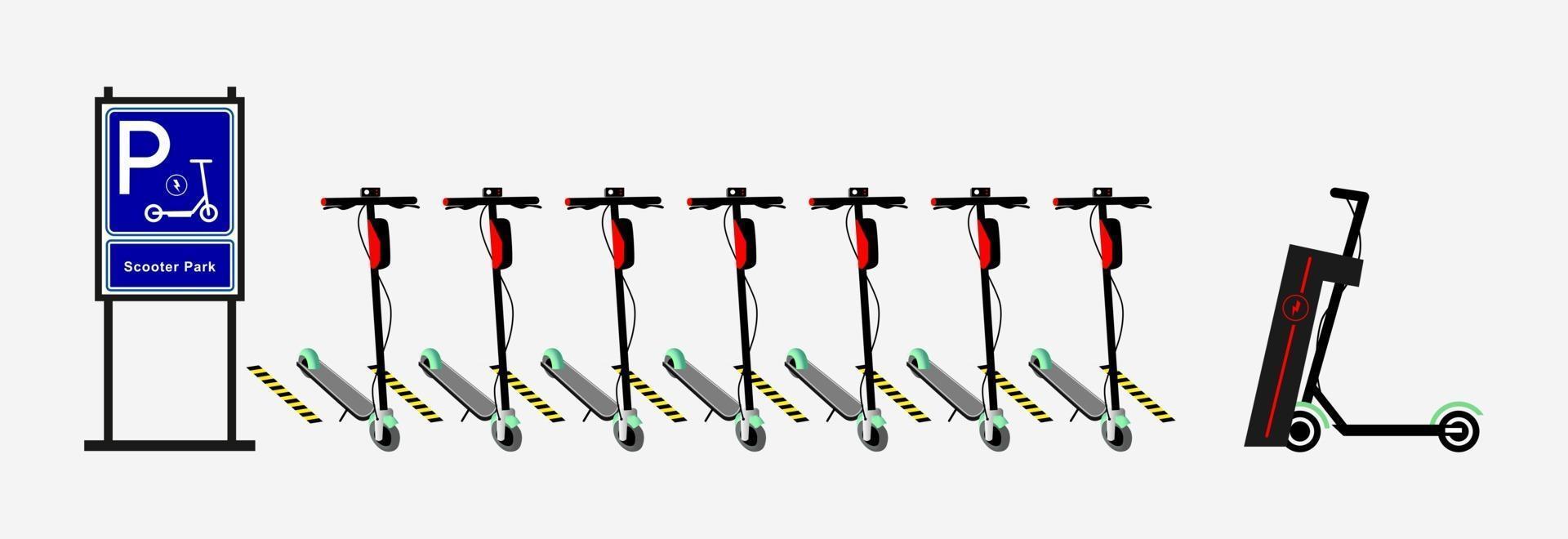 elektrische scooter, parkeerplaats en laadstation. vector. vector