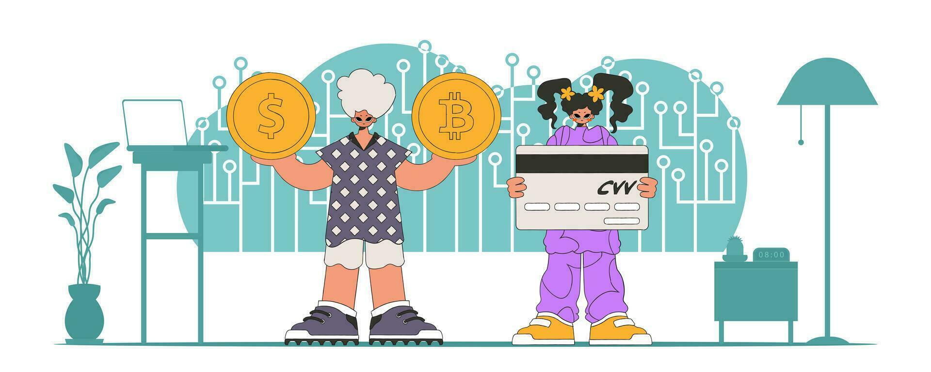 cryptogeld en fiat uitwisseling beheer concept. een team van mensen interactie met crypto middelen. vector