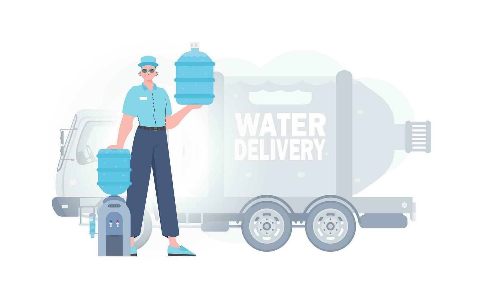 water levering concept. de Mens is Holding een groot water fles. de karakter is afgebeeld in vol groei. vector illustratie.