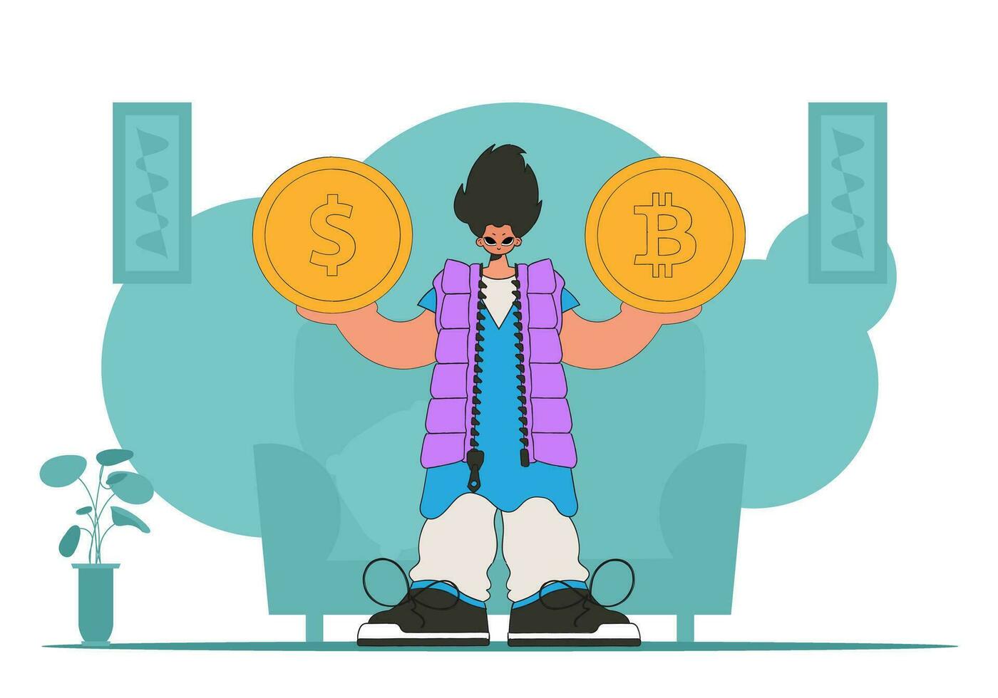 Mens Holding dollar en bitcoins. cryptogeld concept. vector