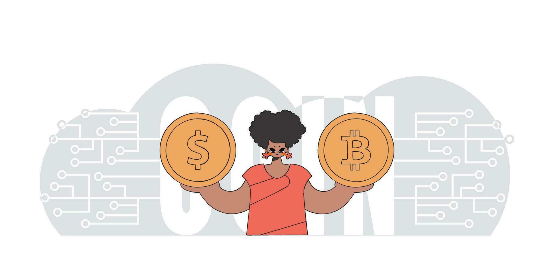 meisje is Holding bitcoin en dollar. thema van wisselwerking met digitaal monetair middelen. vector