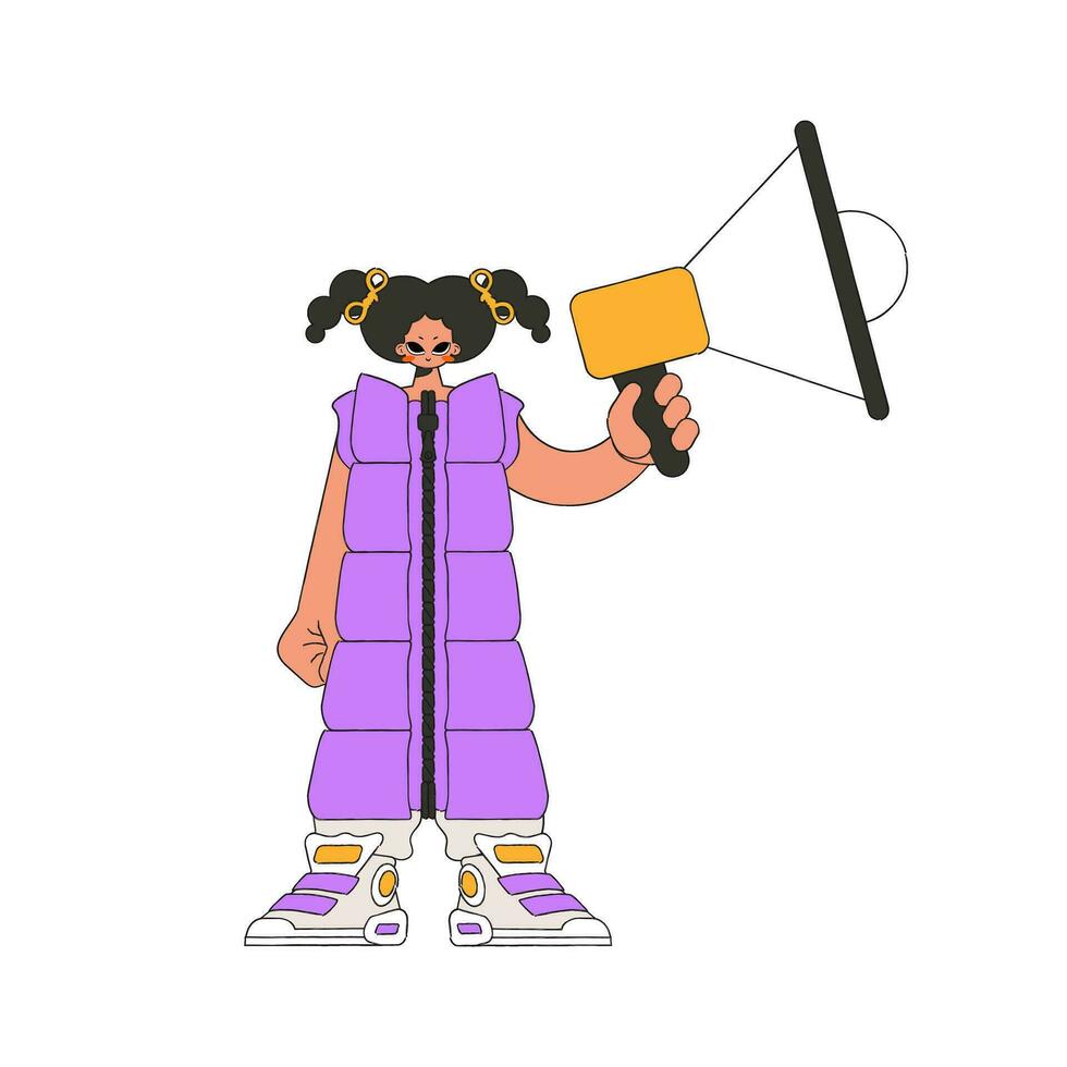 een meisje met een megafoon, symboliseert de zoeken voor mensen in de arbeid markt. menselijk tekening. vector