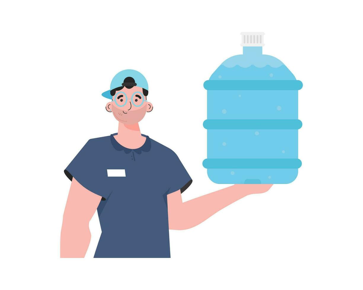 een Mens is Holding een fles van water. levering concept. de karakter is afgebeeld naar de taille. geïsoleerd Aan wit achtergrond. vector. vector
