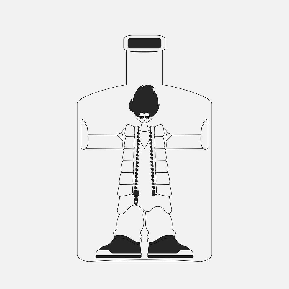 alcohol verslaving. de uniek vent is in de fles. lineair zwart en wit stijl. vector