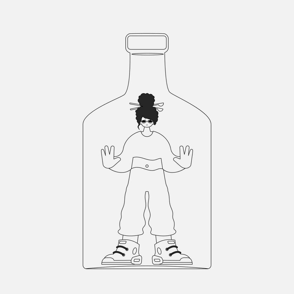 alcohol verslaving. aantrekkelijk vrouw is in een fles. krant- zwart en wit stijl. vector