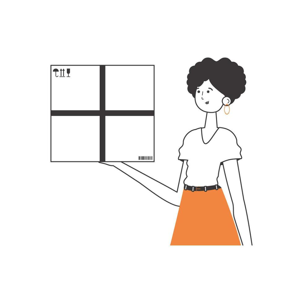 de vrouw is Holding een perceel. de concept van de levering van goederen en pakketten. lineair modern stijl. geïsoleerd Aan wit achtergrond. vector illustratie.