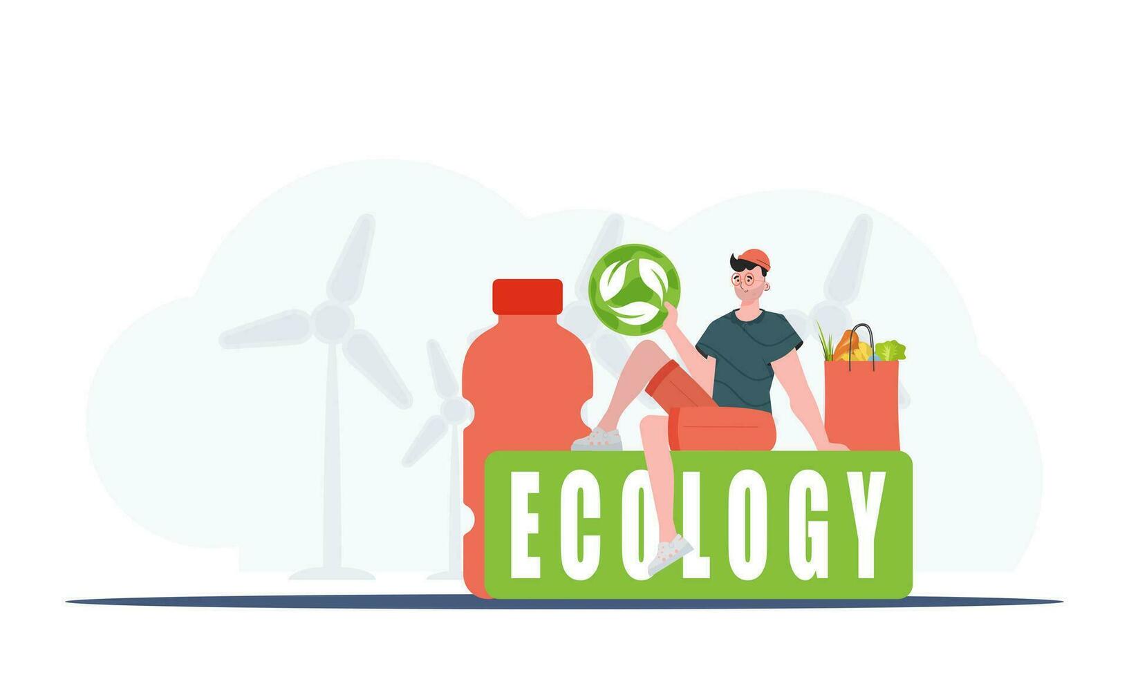 de vent is zittend De volgende naar de pakket van de Rechtsaf voedsel en Holding de eko icoon. de concept van ecologie, recycling en groen planeet. neiging stijl, vector illustratie.