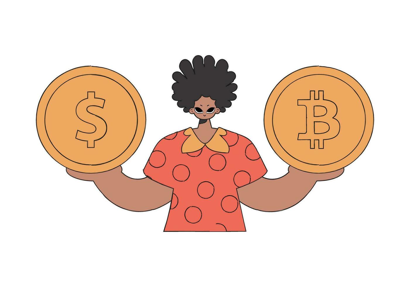 een Mens is Holding een dollar en bitcoin munt. karakter modieus retro stijl. vector