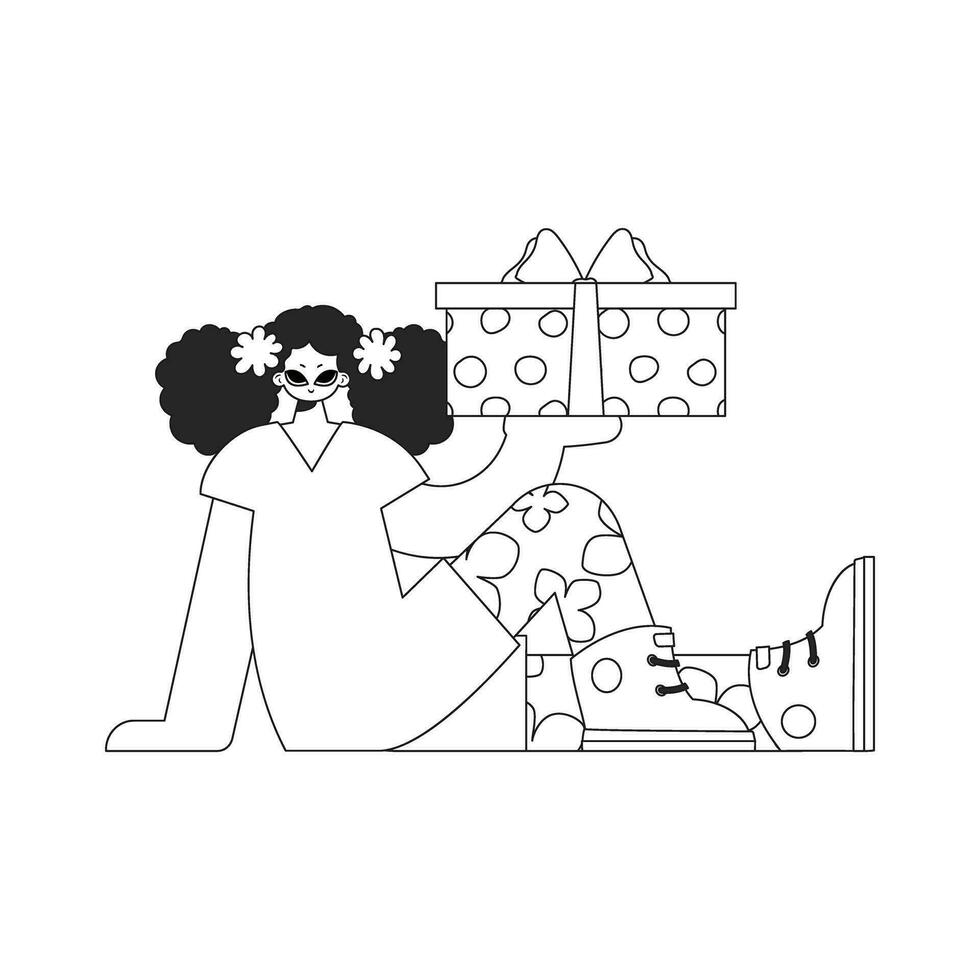 een aantrekkelijk vrouw is Holding een geschenk doos. zwart en wit stijl. vector