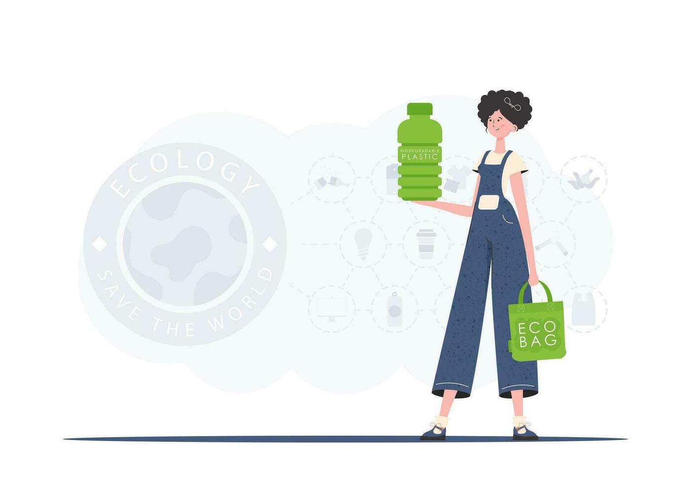 de concept van ecologie en zorg voor de omgeving. een vrouw houdt een fles gemaakt van biologisch afbreekbaar plastic in haar handen. mode neiging illustratie in vector. vector