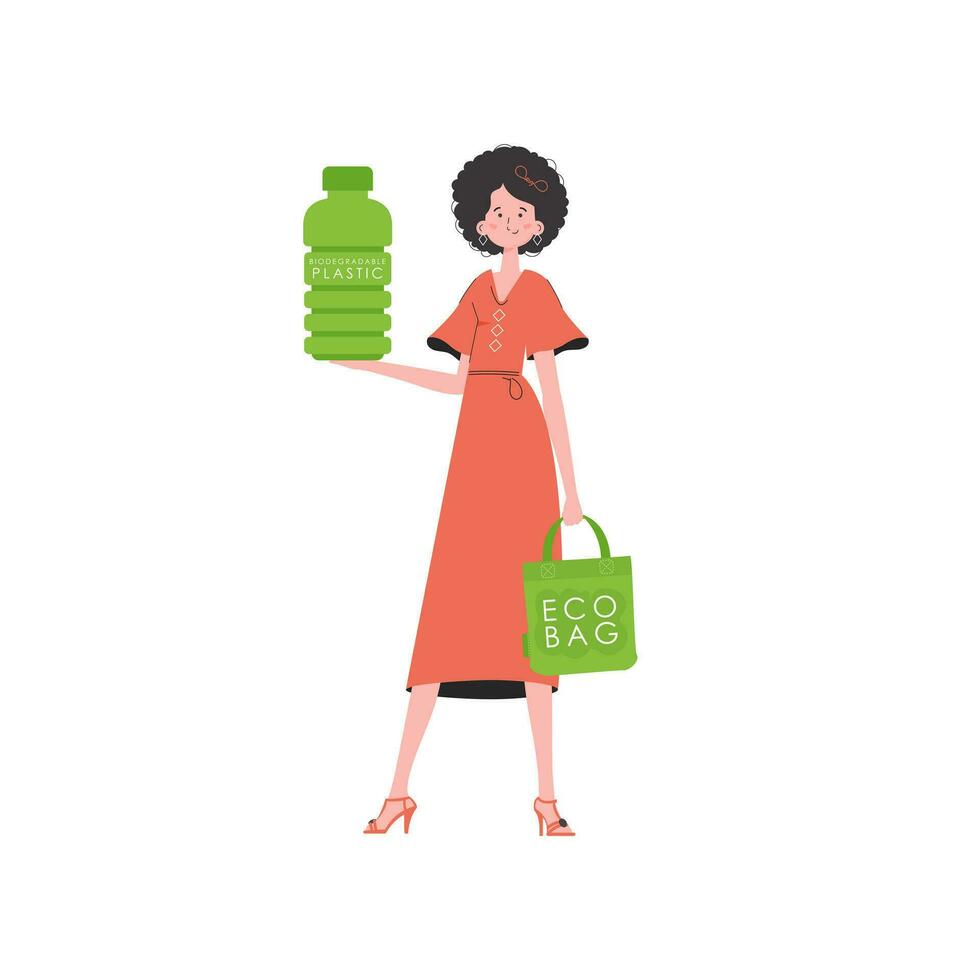 een vrouw houdt een fles gemaakt van biologisch afbreekbaar plastic in haar handen. eco vriendelijk concept. geïsoleerd Aan wit achtergrond. neiging stijl.vector illustratie. vector