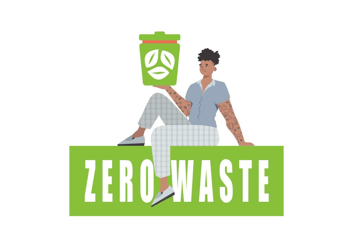 een Mens zit en houdt een uitschot kan in zijn hand. de concept van ecologie en recyclen. geïsoleerd Aan wit achtergrond. vector