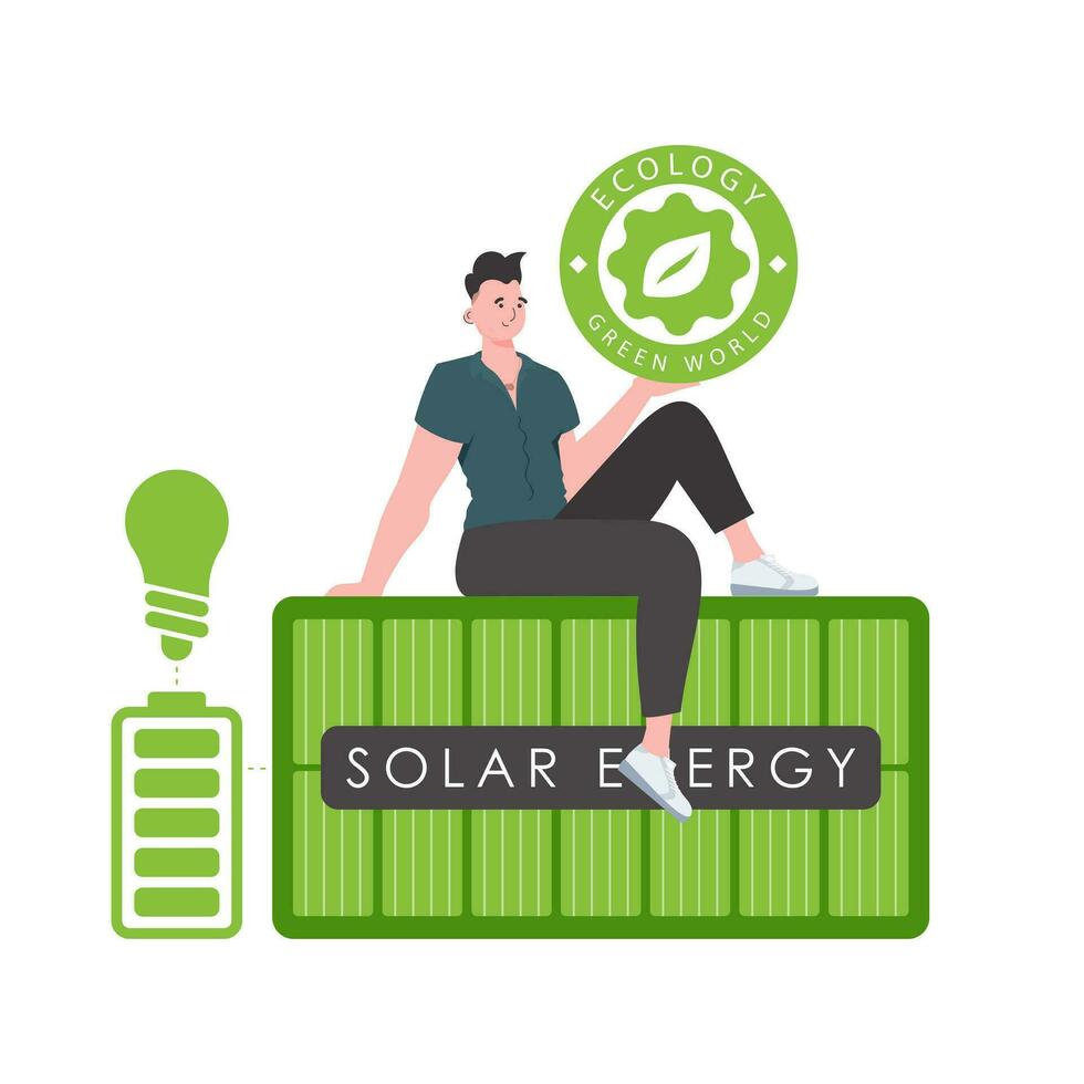 de vent zit Aan de zonne- paneel en houdt de eco logo in zijn handen. de concept van ecologie en groen energie. geïsoleerd Aan wit achtergrond. in de mode, modieus stijl. vector. vector