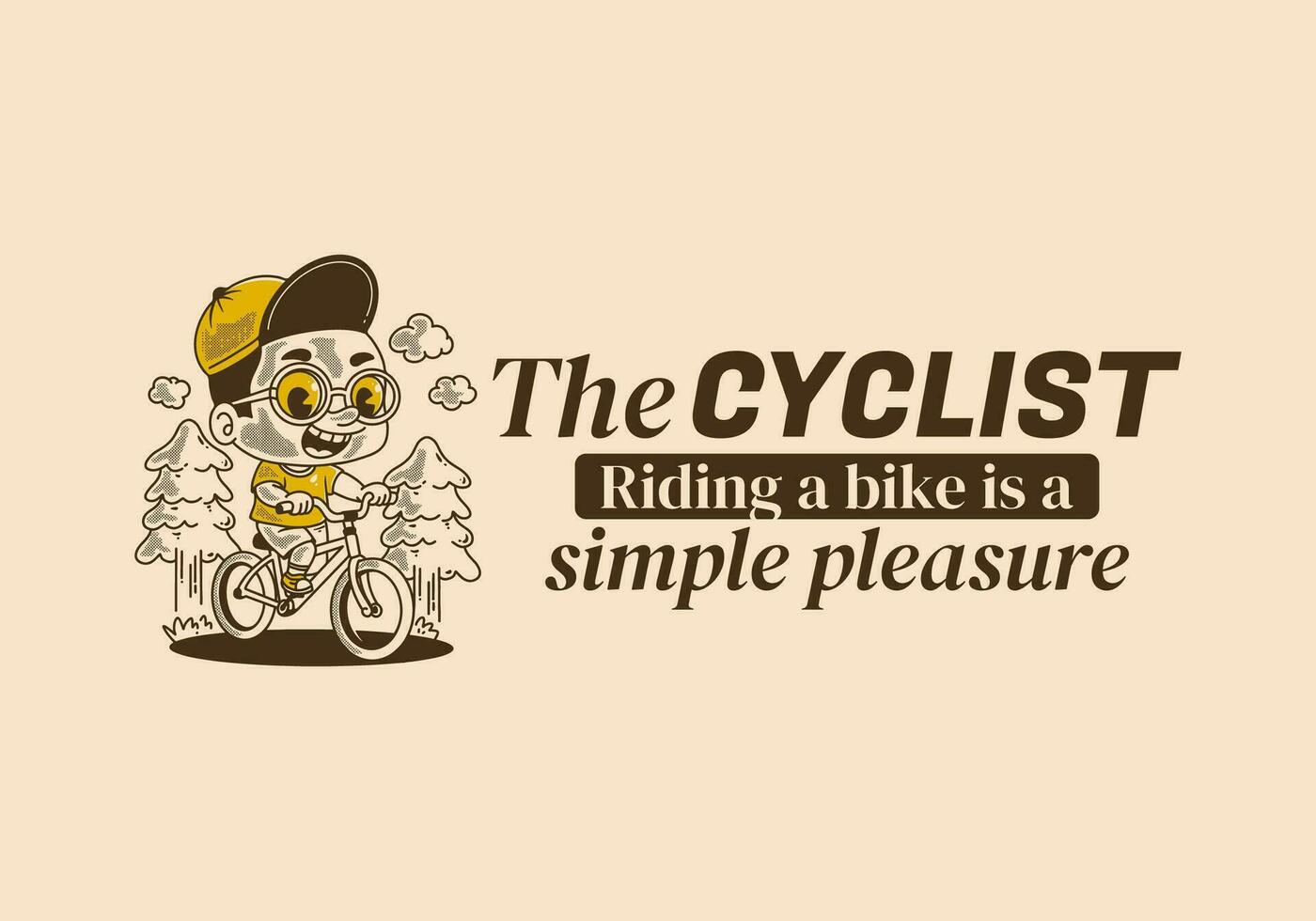 de fietser, rijden een fiets is een gemakkelijk genoegen. retro illustratie van een jongen rijden fiets, pijnboom bomen vector