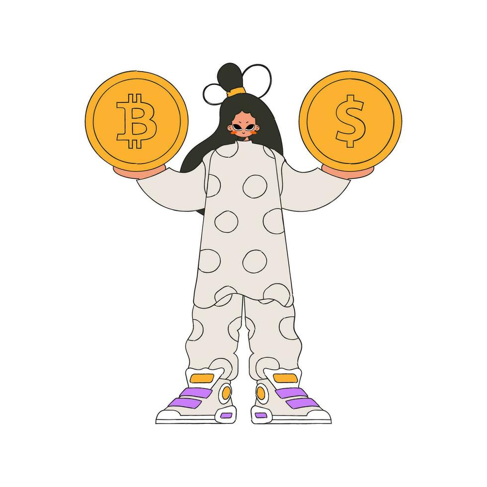 meisje is Holding bitcoin en dollar. karakter modieus stijl. vector
