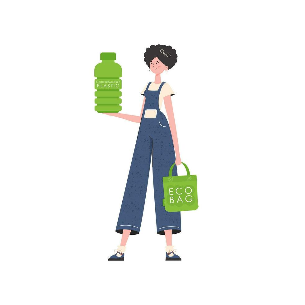 een vrouw houdt een fles gemaakt van biologisch afbreekbaar plastic in haar handen. de concept van ecologie en zorg voor de omgeving. geïsoleerd Aan wit achtergrond. neiging stijl.vector illustratie. vector