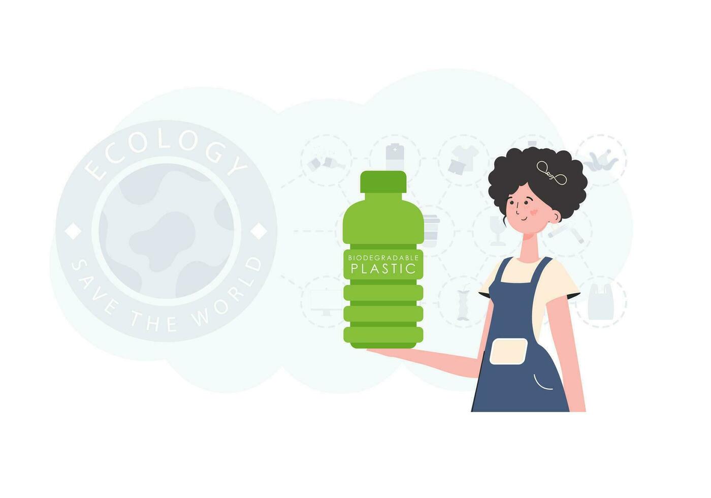 concept van groen wereld en ecologie. een vrouw houdt een fles gemaakt van biologisch afbreekbaar plastic in haar handen. neiging stijl.vector illustratie. vector