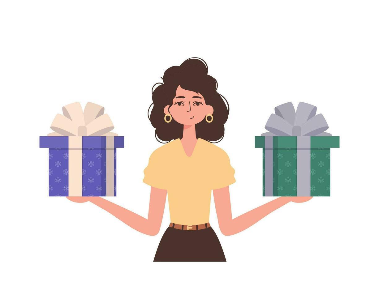 de meisje is Holding een geschenk in haar handen. modern vlak kleurrijk vector illustratie.