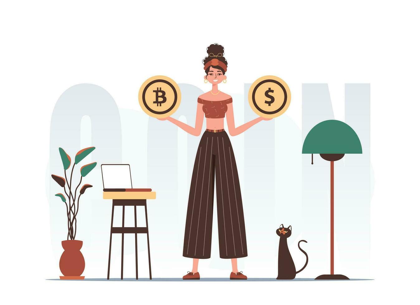 cryptogeld concept. een vrouw houdt een munt van bitcoin en dollar in haar handen. karakter met een modern stijl. vector