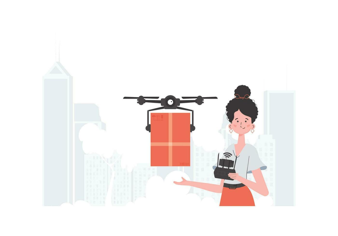 een vrouw controles een quadcopter met een perceel. levering thema. vlak modern ontwerp. vector. vector