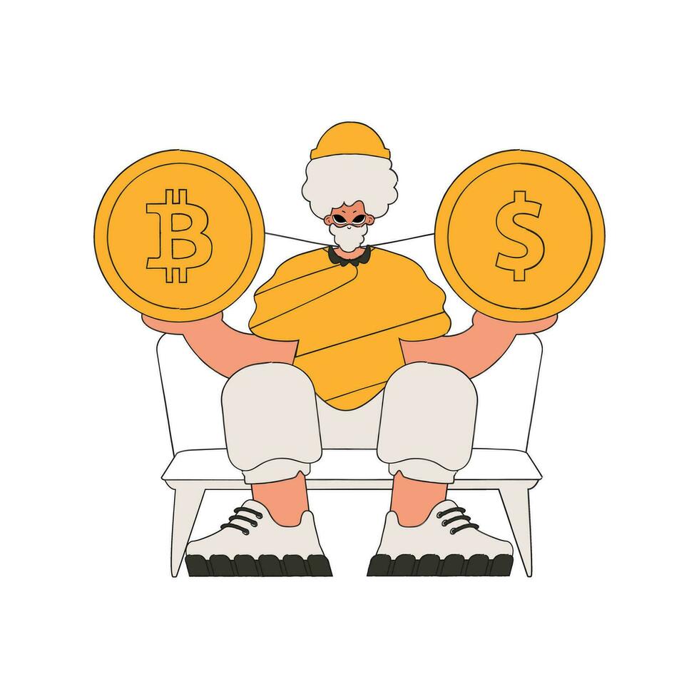 een Mens houdt een bitcoin en een dollar in zijn handen. karakter modieus stijl. vector