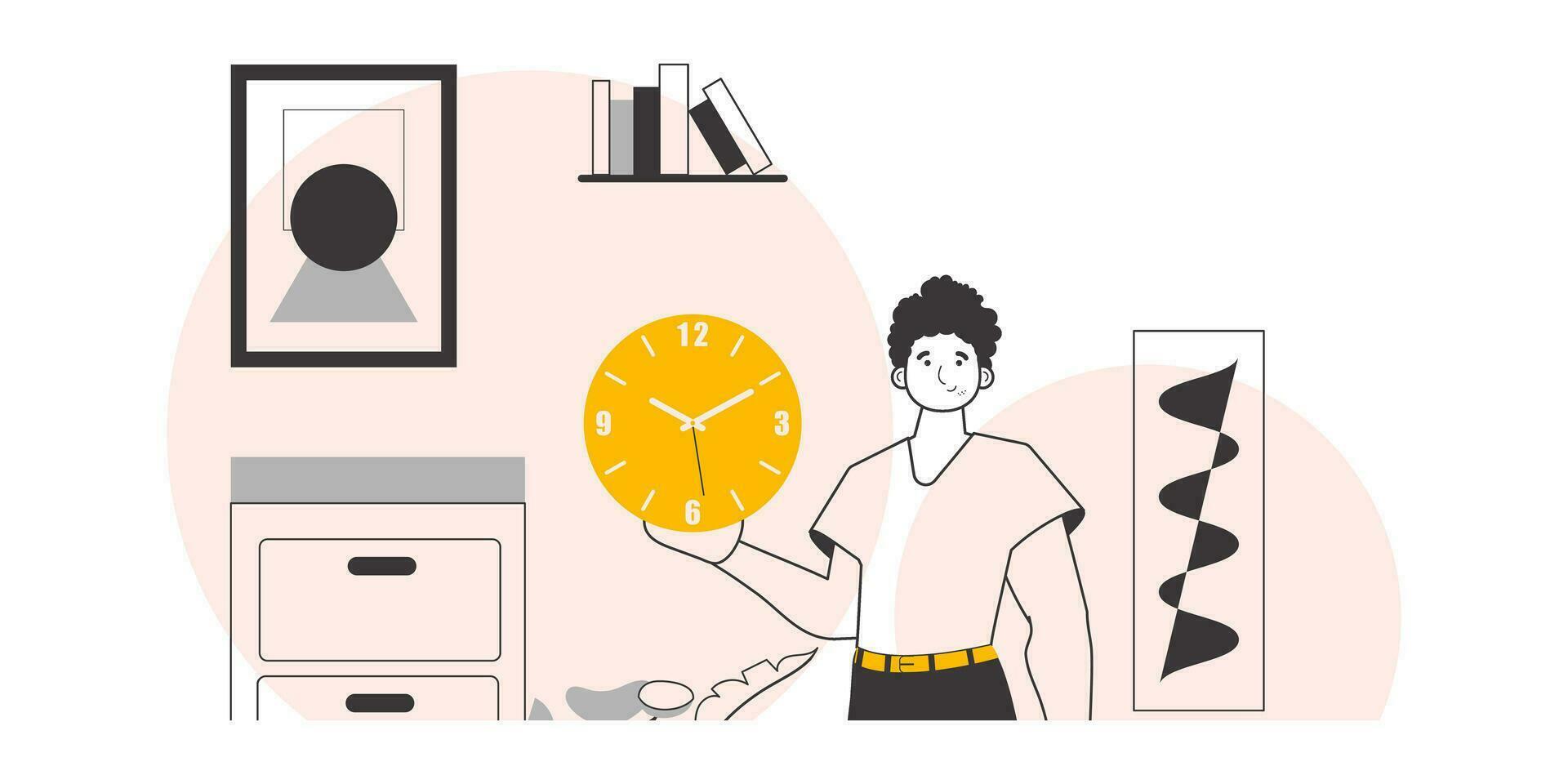 de Mens is Holding een horloge. tijd beheer concept. minimalistisch lineair stijl. vector illustratie.