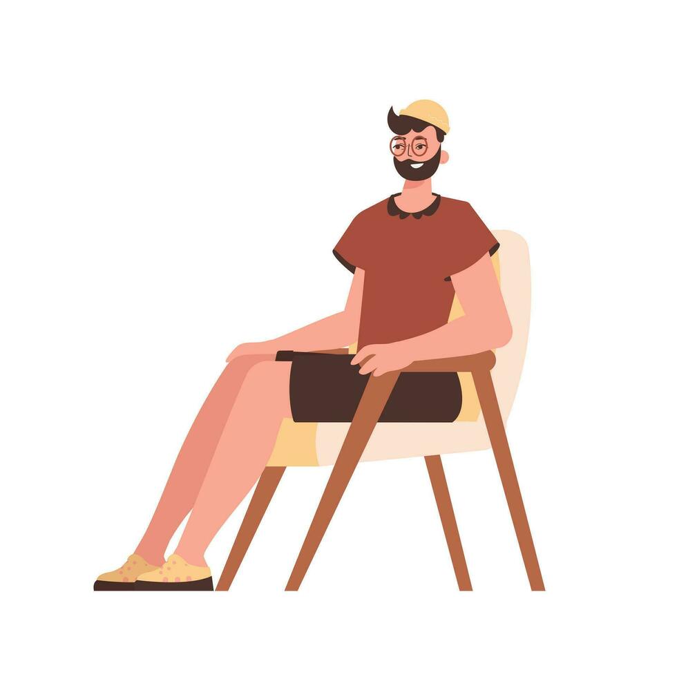 de Mens is zittend in een stoel. karakter met een modern stijl. vector