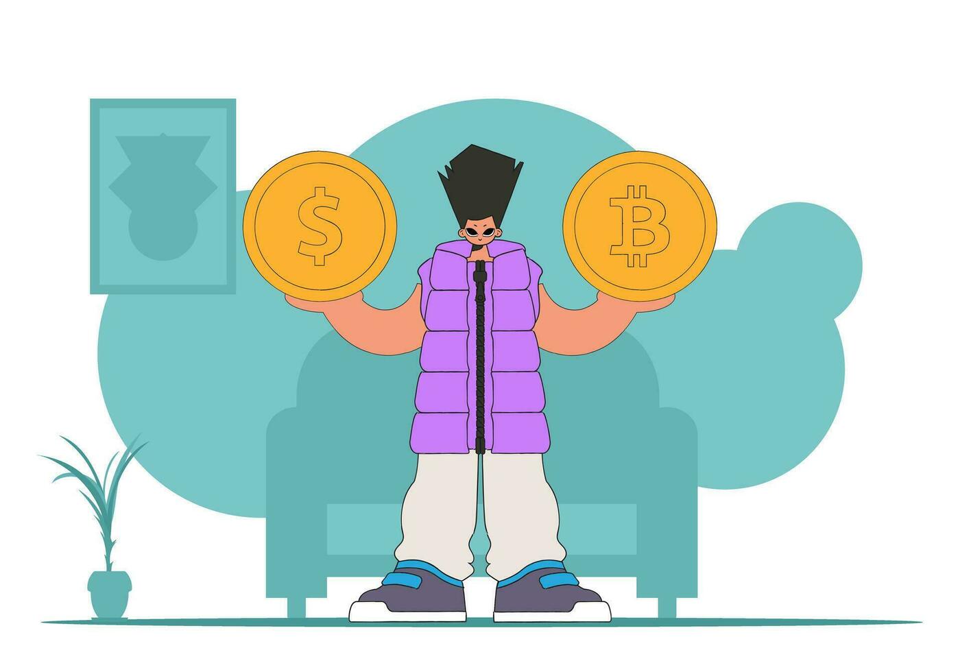 een Mens houdt een dollar en een bitcoin in zijn handen. thema van wisselwerking met digitaal monetair middelen. vector