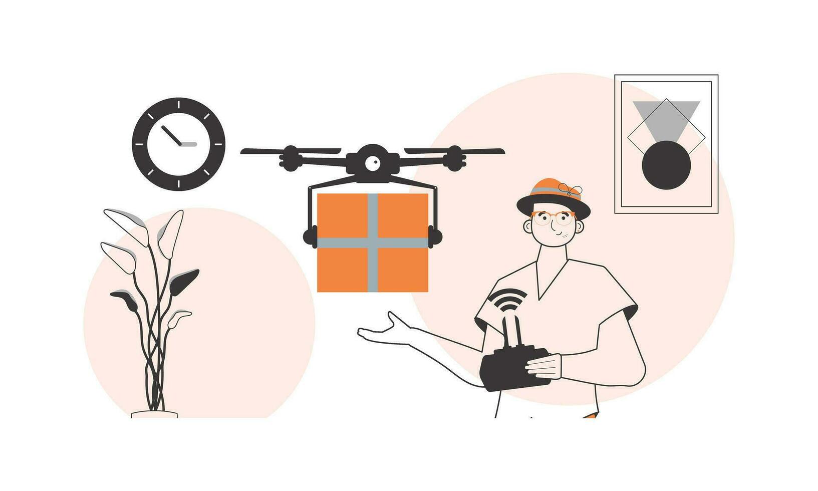 de vent levert de pakket door drone. lucht levering concept. lineair stijl. vector