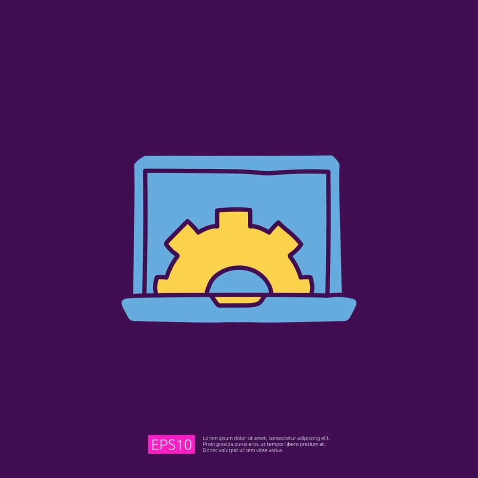 engineering gerelateerd doodle concept met laptop en versnelling symbool teken. onderhoudspictogram met het symbool van de computerreparatie. vul kleur lijn vectorillustratie vector