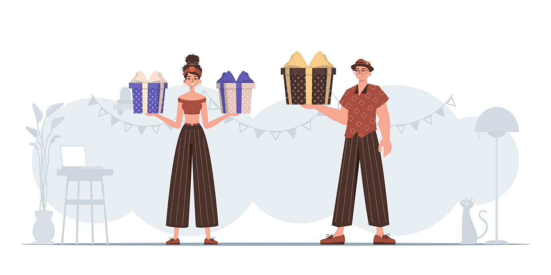 Mens en vrouw zijn Holding geschenk dozen. Kerstmis geschenk concept. vector