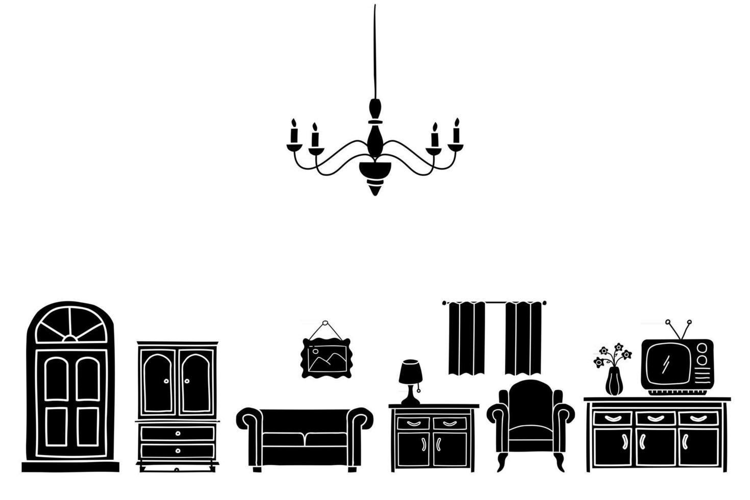 huisdecoratie silhouet schets stijl doodle. interieur meubels set inkt hand getekende vectorillustratie vector