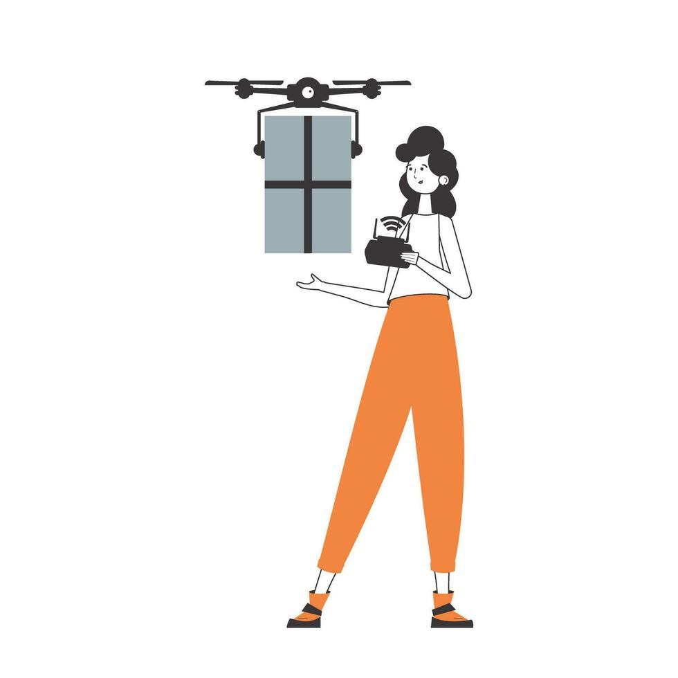 een vrouw levert een pakket met een drone. lucht levering concept. lineair stijl. geïsoleerd Aan wit achtergrond. vector illustratie.