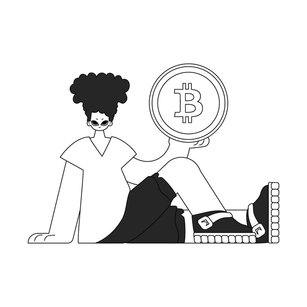 een uniek Mens houdt een bitcoin munt in zijn handen. lineair zwart en wit stijl. vector