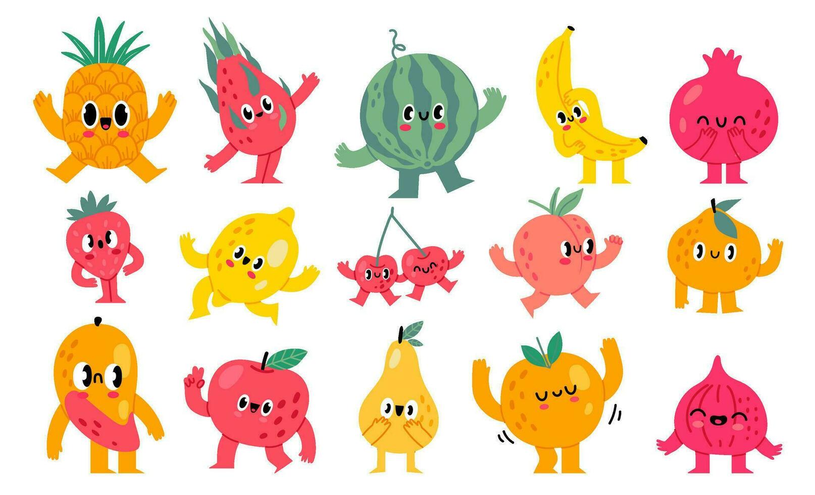 tekening fruit en bessen karakters. grappig kruidenier voedsel mascotte met gelukkig tekenfilm gezichten vector illustratie reeks
