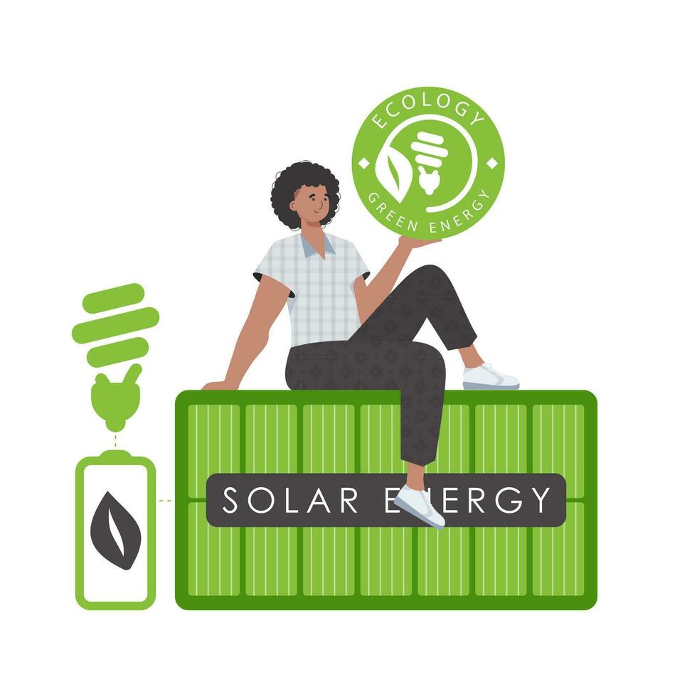 een Mens zit Aan een zonne- paneel en houdt de eco logo in zijn handen. de concept van groen energie en ecologie. geïsoleerd Aan wit achtergrond. modieus stijl. vector illustratie.